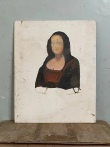 VECCHIO DIPINTO VINTAGE RARO UNICO DIPINTO A MANO LADY MONA LISA TELA INCOMPLETO - Foto 1 di 12