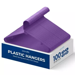 SereneLife 100 Pcs Plastic Hangers - Non-Slip, Sturdy w/ 360° Swivel Hook-Purple - Picture 1 of 7