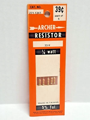 Archer Radio Shack resistor 1/4 watt, 5% Tol., 33K, Cat. No. 271-1341, NOS - Image 1 of 4