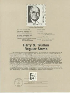 FDC stamp # 1862 20 cent President Harry S  Truman 1984 USPS Souvenir Page - Picture 1 of 1
