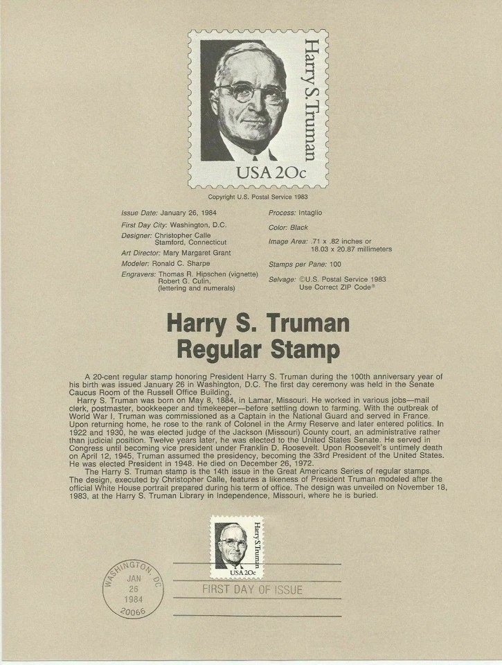 FDC stamp # 1862 20 cent President Harry S  Truman 1984 USPS Souvenir Page - Image 1 of 1
