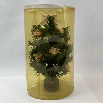 Vintage Mini Artificial Table Top Christmas Tree 11” Ornaments Pink Roses Pearls - Image 1 of 4