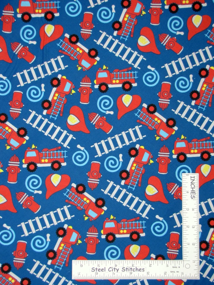 Camión de bomberos bombero escalera hidrante tela de algodón azul niños por yarda Foto 1 de 1