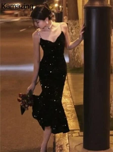 Elegant Sequin Night Club Dresses Sexy Spaghetti Strap Solid Slim Midi Dress - Picture 1 of 12