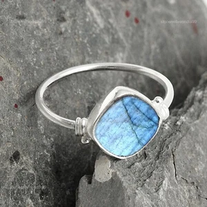 Labradorite Gemstone Solid Silver Engagement Band Promise Wife Ring Jewelry US 6 - Picture 1 of 7