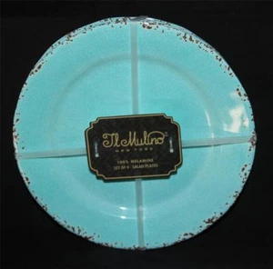 4 IL MULINO Turquoise Crackle Distressed Border Melamine 11" Dinner Plates NEW - Picture 1 of 1