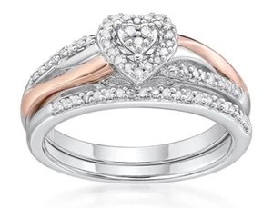 Forever Bride SS 14KT Gold Plated 1/5 CT Genuine Diamond Bridal Heart Ring Set - Picture 1 of 4