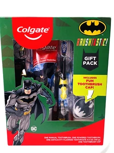 NIB Colgate Batman Gift Pack Manual & Powered Toothbrush Toothpaste Cap Exp 2022 - Picture 1 of 8