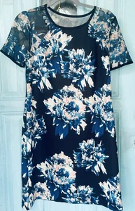 Catherine Malandrino Dress Bodycon Sz 6 Blue Black Floral With Sheer Sleeves - Picture 1 of 9