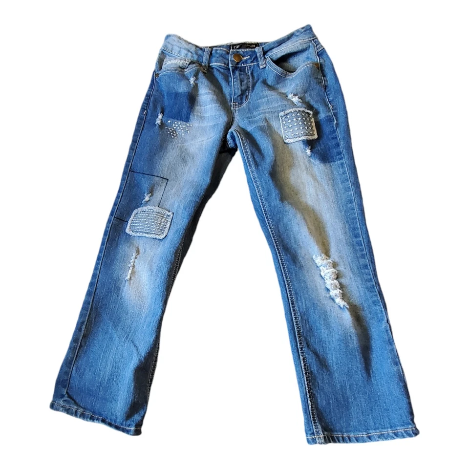 Pantalones de mezclilla para mujer Cato Premium azules desgastados con retazos talla 6 Capris Foto 1 de 4