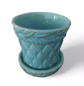 Vtg 1940s McCoy Blue Diamond Quilted Pattern 4 1/2" Flower Pot Attached Saucer - Picture 1 of 13