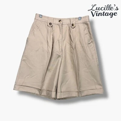 复古女式 5/6 码打褶高腰 100% 棉斜纹短裤旧钱米色 — 第 1/4 张图片