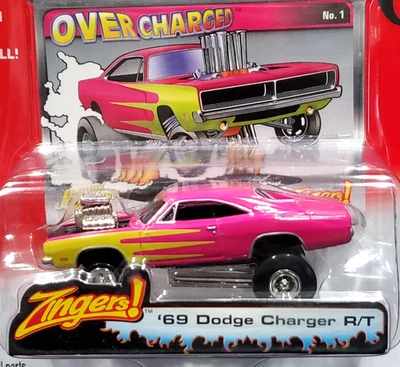 Johnny Lightning 69 1969 Dodge Charger R/T Zingers OVER CHARGED Mopar Car Pink - Image 1 of 2