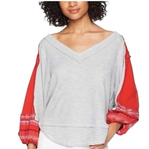 We The Free Red Grey Bubble Waffle Tee with Embroidered Sleeves S - Picture 1 of 8