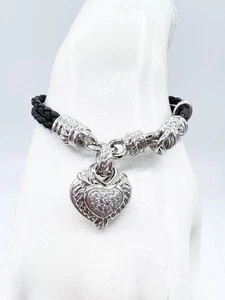Judith Ripka Sterling Silver CZ Pave Heart & Black Braided Cord Bracelet w/ Box - Picture 1 of 9