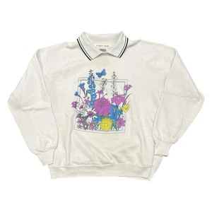 Vintage Granny Cottage Sweatshirt Womens Sz L Floral Print Collar 90s USA - Picture 1 of 7