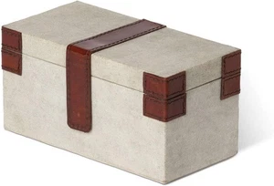 Antique Canvas Box Genuine Leather Vintage Storage Decor - Picture 1 of 4