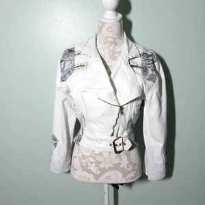 Vintage Denim Moto Jacket size Small, White Floral Tapestry 80s Rocker Studded - Picture 1 of 17