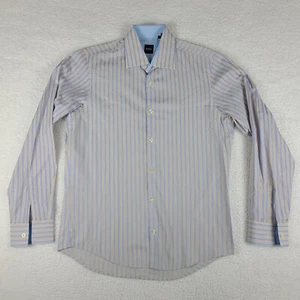 Hugo Boss Dress Shirt Mens Medium Blue Beige Striped Button Up - Picture 1 of 10