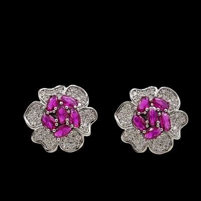 925 Sterling Silver 3x4mm Oval Ruby 3/4'' Flower Earrings Gemstone - Image 1 of 3