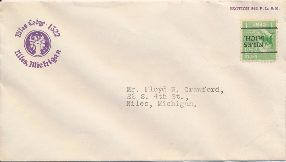B.P.O. Elks Niles Lodge no 1322 Michigan Advertising cover Precancel 1c Prexy - Image 1 of 1