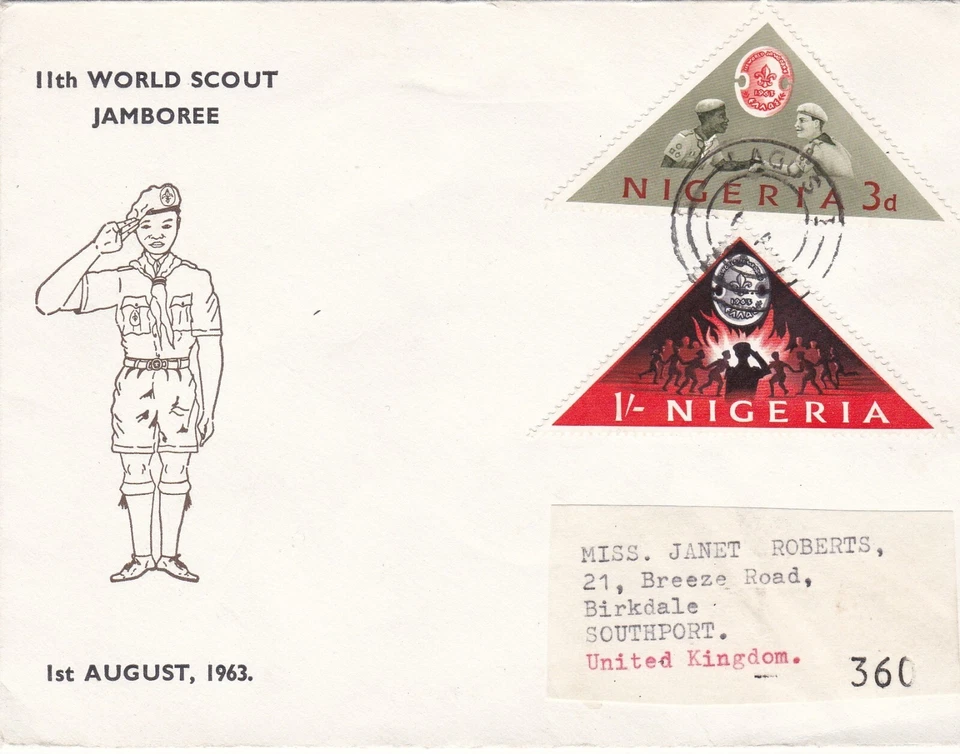 Nigeria - 11th World Scout Jamboree - FDC with 2 triangular stamps 1963 - Image 1 of 1