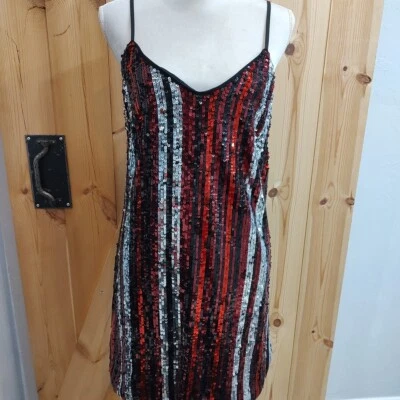 Vestido San Valentín Año Nuevo Bar III Lentejuelas Rayas Talla Mediana Rojo Plata Negro Foto 1 de 4