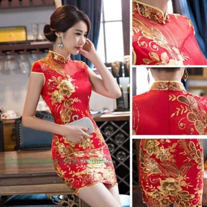 Chinesisches Cheongsam Damen-Minikleid Spitze bestickt Hochzeit Braut Abend S-5XL - Bild 1 von 13