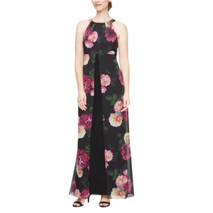 SL Fashions Womens Floral Print Overlay Maxi Dress Black Multi Party Sz 18 NWT - Picture 1 of 7