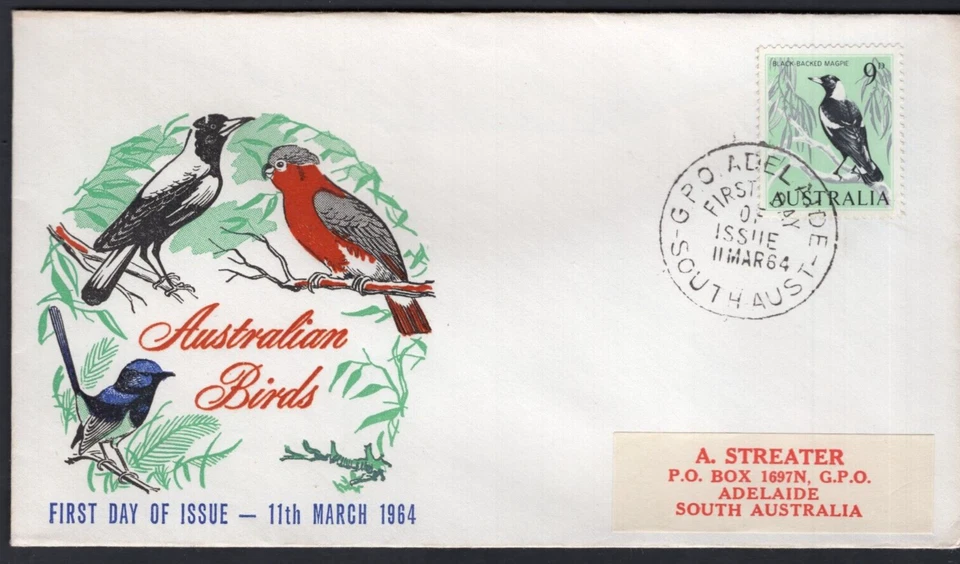 Australia 1964 8d pájaro urraca con respaldo negro cubierta FDC sin dirección Foto 1 de 1