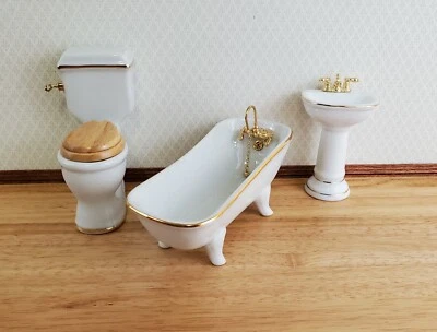 Dollhouse Bathroom Set Reutter Porcelain Tub Toilet Sink White Gold 1:12 Scale - Image 1 of 4