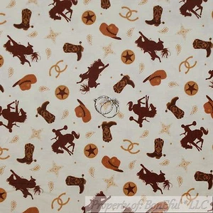 BonEful Fabric FQ Cotton Quilt VTG Tan Brown Dot Star Hat Leather Boots Boy Farm - Picture 1 of 12