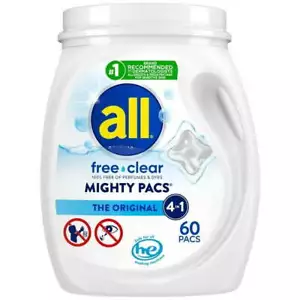 Detergente de lavandería All Mighty Pacs Pacs libre transparente para piel sensible 60 unidades - Imagen 1 de 6