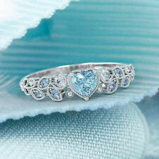 Luxury 925 Silver Aquamarine Leaf Heart Ring Wedding Anniversary Gifts Size 5-10