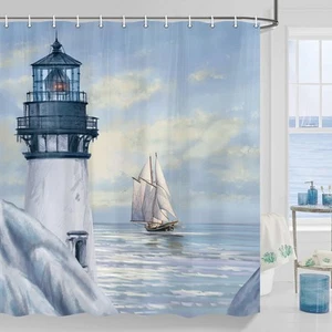 Nautical Lighthouse Shower Curtain, Beach Ocean Coastal Shower Curtains Sets ... - Picture 1 of 7