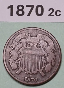 1870 2 two Cents US COPPER COIN RATES: VERY GOOD BETTER DATE 861,250 MINTED - Picture 1 of 2