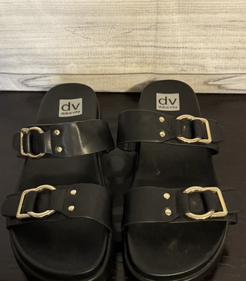 Dolce Vita Black Slide Sandals Women’s Size 10 Casual Slip-On Gold Buckle Shoes - Image 1 of 4