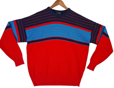 VTG Demetre Sweater Mens Large Red Navy Blue Wool Crewneck Made in USA 80s - Image 1 of 4