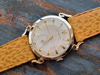 1950's 14kt Gold Wittnauer REVIEW Great FILIGREE LUGS, Excellent runner, estate - Image 1 of 4