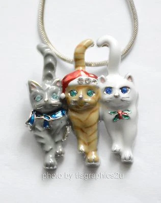 Collar Colgante 3 Gatos Navidad / Cadena Tono Plata / Papá Noel Gatito Vacaciones Foto 1 de 3