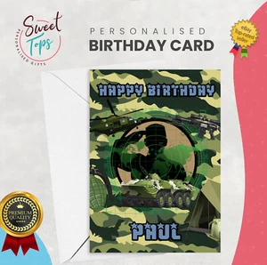 CARTOLINA COMPLEANNO PERSONALIZZATA A5 ESERCITO - MILITARE - CARRO ARMATO | QUALSIASI NOME | ETÀ - Foto 1 di 3