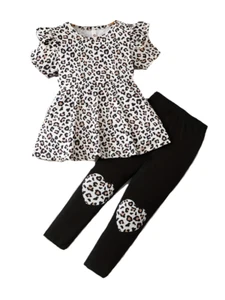 New Boutique Girls 5 Leopard Hearts Ruffle Short Sleeve Pants Set Outfit - Picture 1 of 3