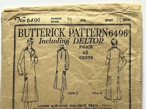 VESTIDO DESLIZABLE RARO 1919 Butterick Pattern & DELTOR 6496 Talla Busto 38" Cadera 40" - Imagen 1 de 10