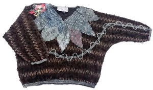 Vintage 80s Jumper Italian Patterned Textured Fabric Applique Retro Boho 20 - Picture 1 of 4