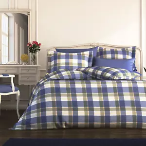 King Size Brushed Cotton Flannelette Duvet Cover Set Blue Check Checked - Picture 1 of 1