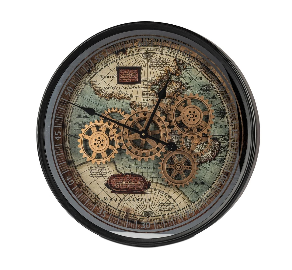 Wanduhr Weltkarte 60 cm Zahnrad Bewegung Spiegel-Elemente 676610 formano