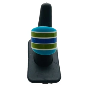 Acrylic Ring, Size 8, Multicolor Stripes in Turquoise, Green, White & Blue - Picture 1 of 4
