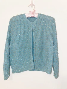 Vintage Handmade Teal Beaded Sweater With Silver Thread Size Small - Picture 1 of 5