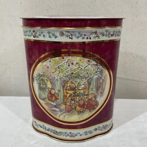 Vintage Biscuit Tin Made in England Christmas Bunny Family Burgundy Gold Trim - Picture 1 of 14