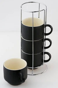 15oz/450ml Black Ceramic Coffee Mugs with Stand, Set of 4 Stackable Latte Cups - Picture 1 of 8